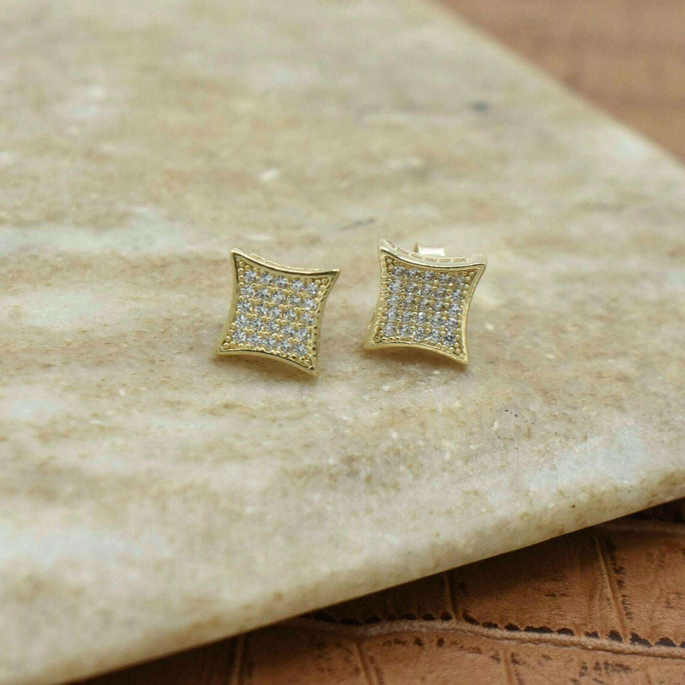 5/16" Women's Concave Square CZ Stud Earrings Solid 10K Yellow Gold - bayamjewelry