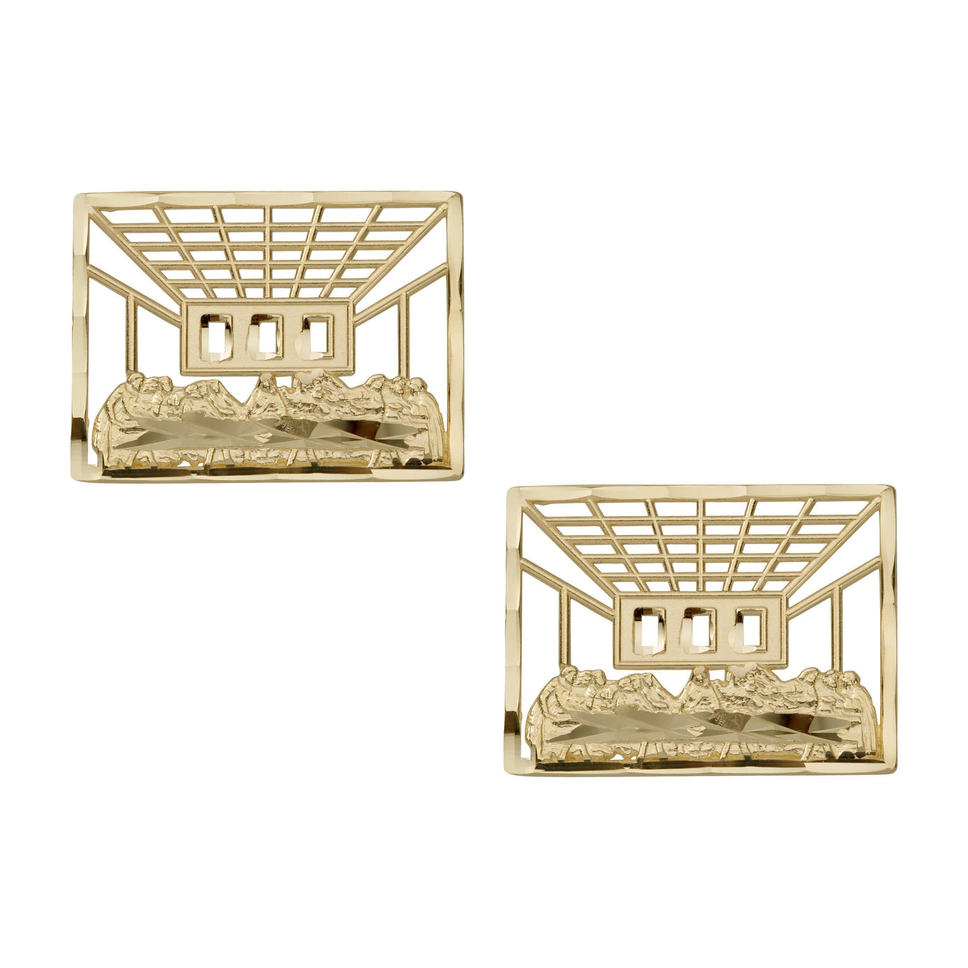 5/8" Rectangle Diamond Cut The Last Supper Open Back Stud Earrings Solid 10K Yellow Gold - bayamjewelry