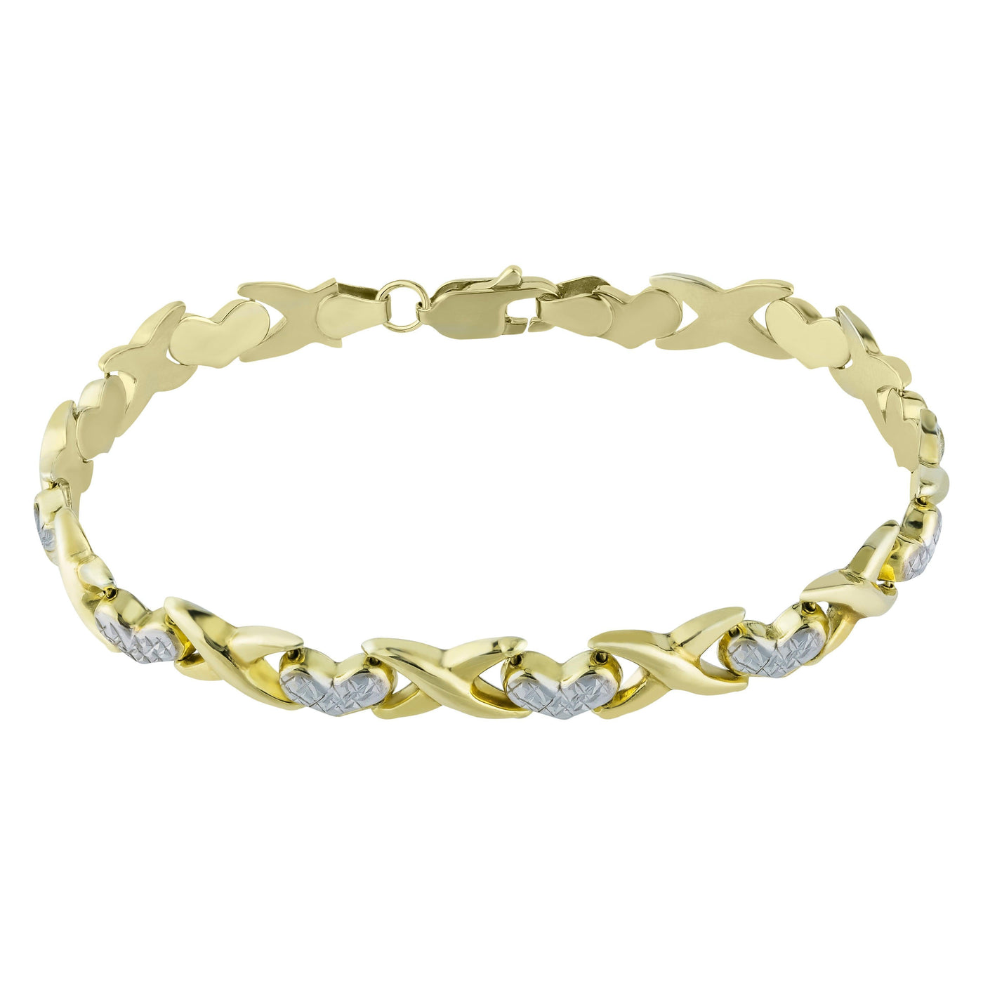 6.5mm Diamond Cut Heart & Kisses Bracelet 10K Yellow White Gold - bayamjewelry