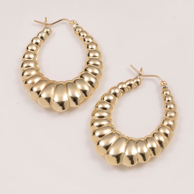 1 3/8" Graduated Shiny Door Knob Hoop Earrings 10K Yellow Gold