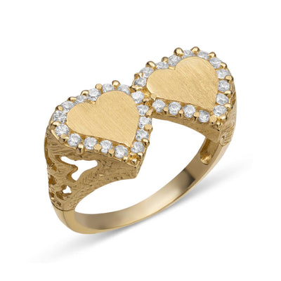 Women's Double Heart CZ Ring Solid 10K Yellow Gold