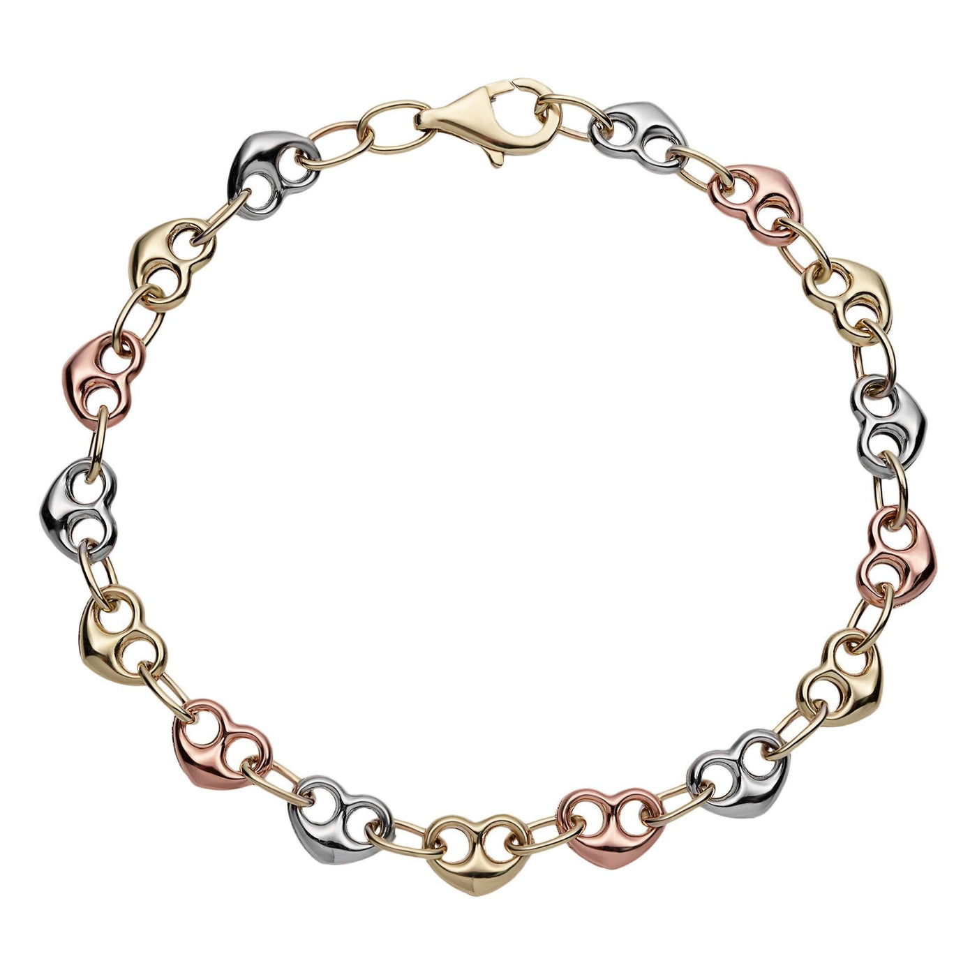 6mm Puffed Heart Shape Link Bracelet 10K Tri-Color Gold - bayamjewelry
