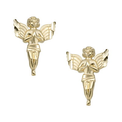 7/8" Diamond Cut Praying Angel Stud Earrings Solid 10K Yellow Gold - bayamjewelry