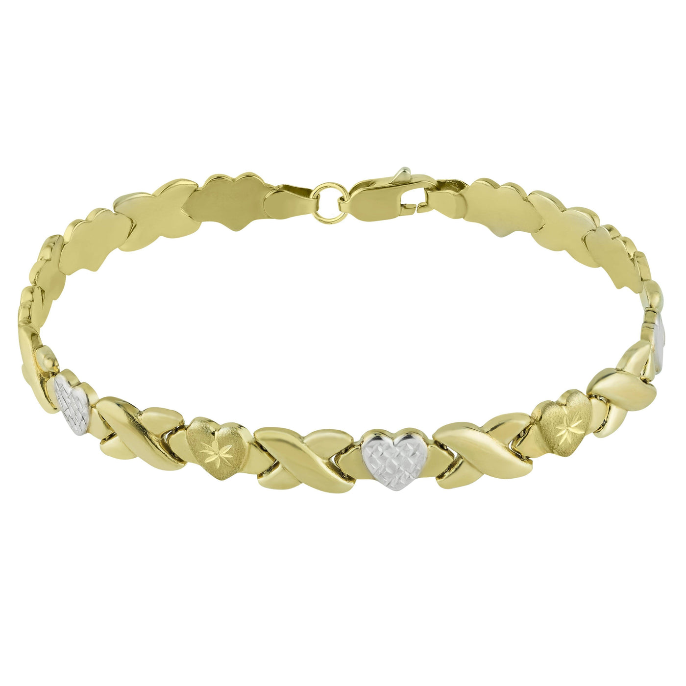7mm Diamond Cut Hearts & Kisses Stampato Bracelet 14K Yellow White Gold - bayamjewelry