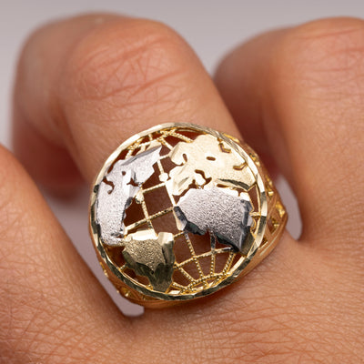 Two-Tone World Ring Solid 10K Yellow Gold