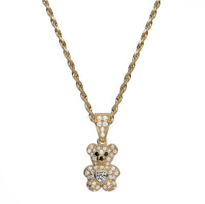 3/4" CZ Teddy Bear Heart Pendant Necklace 14K Yellow Gold