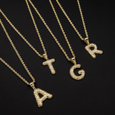 1 3/8" Nugget Design Bubble Initial Letter Necklace 10K Yellow Gold