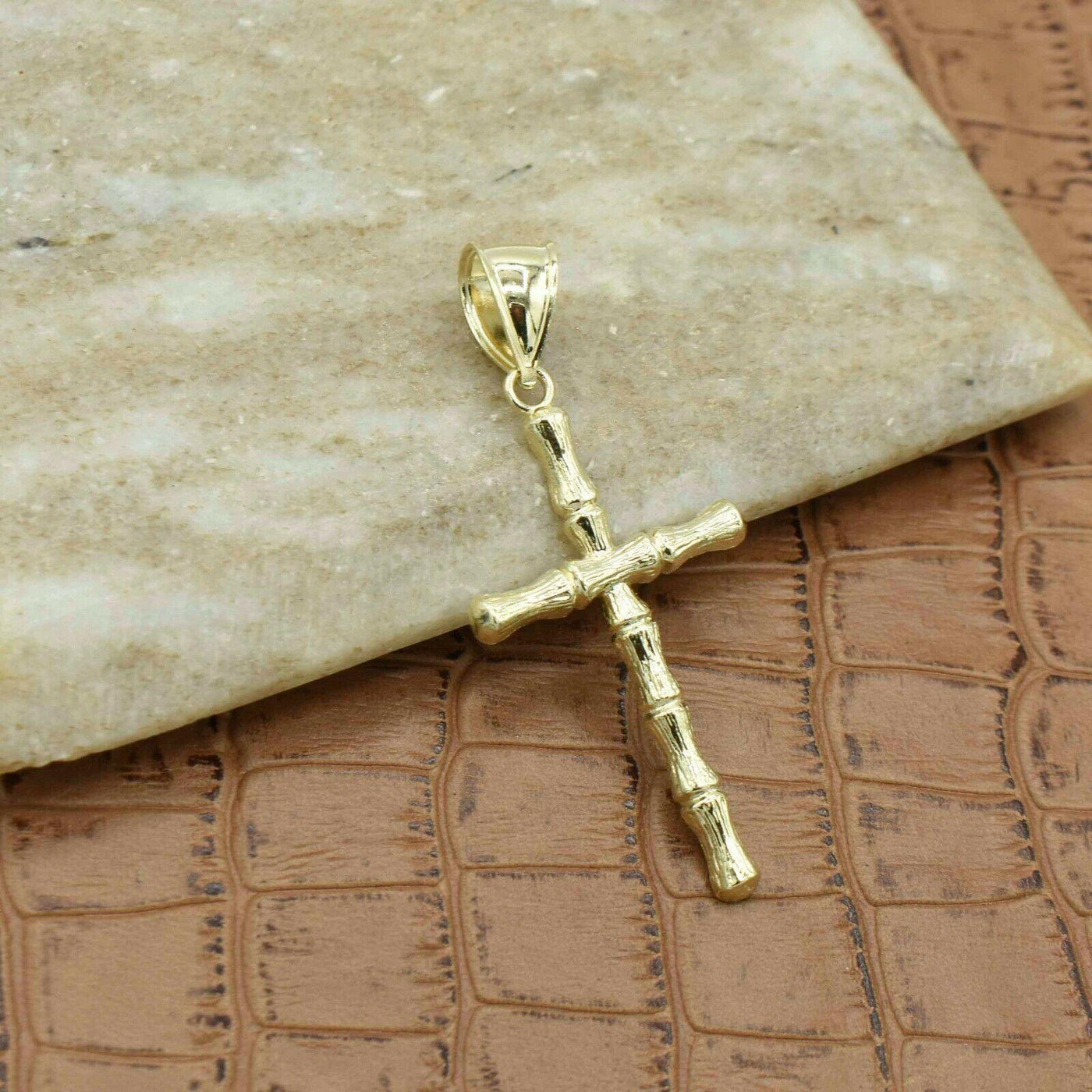 Bamboo Textured Cross Pendant Solid 10K Yellow Gold - bayamjewelry