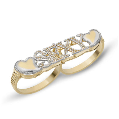 Beaded "Sexy" Script with Hearts Two Finger Ring 10K Yellow Gold - bayamjewelry
