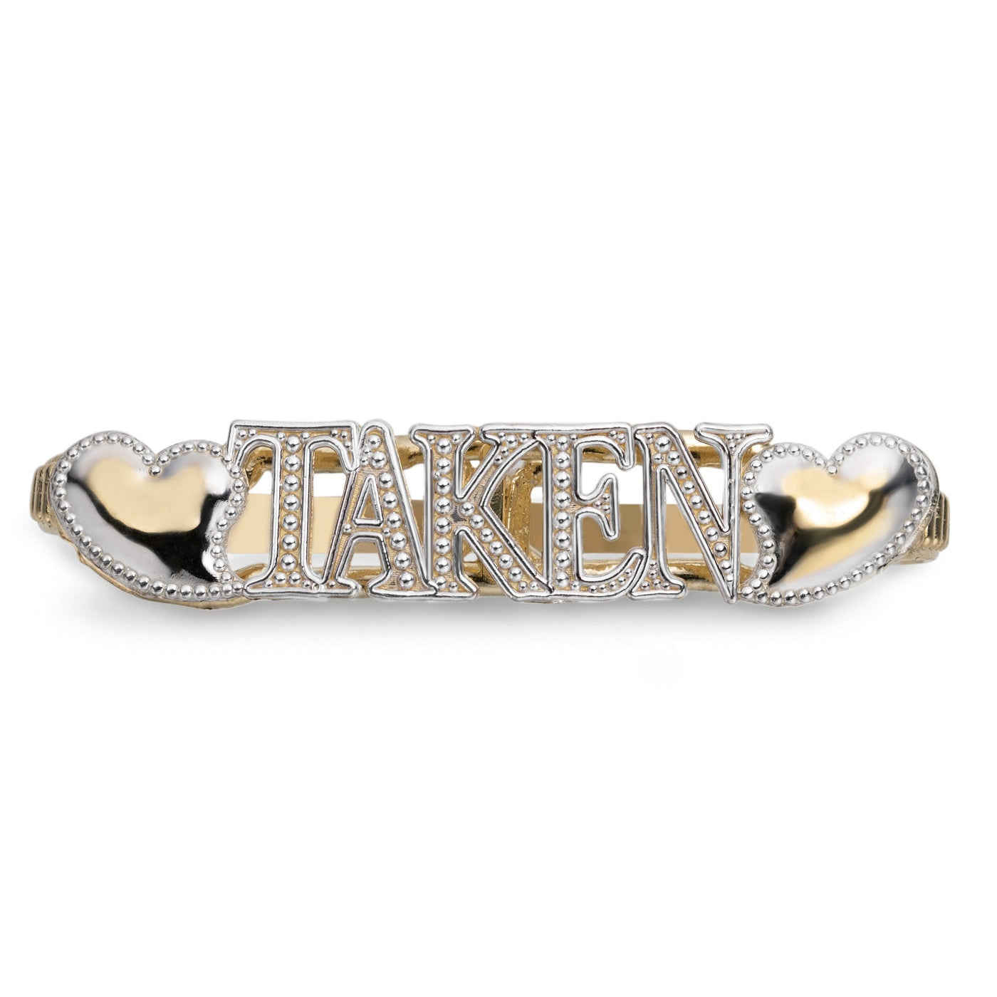Beaded "Taken" Script with Hearts Two Finger Ring 10K Yellow Gold - bayamjewelry