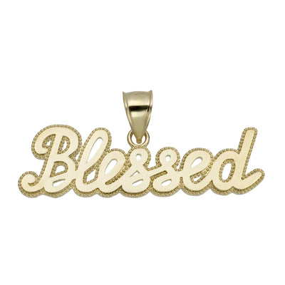 Blessed Script Bead Frame Pendant Solid 10K Yellow Gold - bayamjewelry
