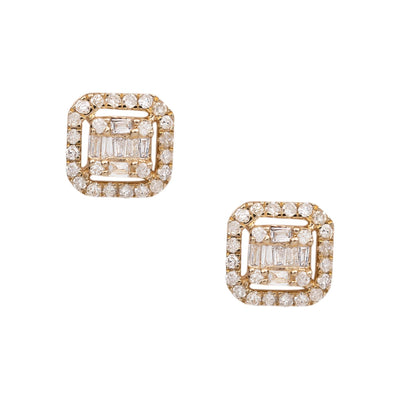 Cushion-Shaped Baguette & Round-Cut Diamond Stud Earrings 0.37ct 14K Yellow Gold - bayamjewelry