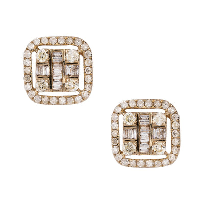 Cushion-Shaped Baguette & Round-Cut Diamond Stud Earrings 0.61ct 14K Yellow Gold - bayamjewelry