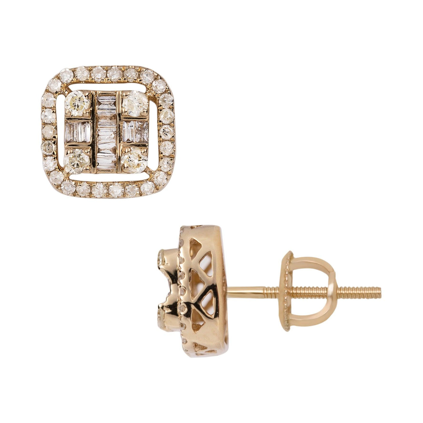 Cushion-Shaped Baguette & Round-Cut Diamond Stud Earrings 0.61ct 14K Yellow Gold - bayamjewelry