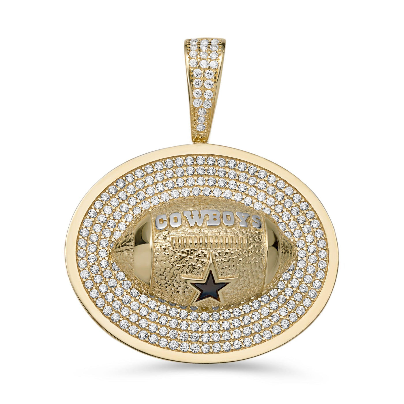 CZ Dallas Cowboys Football Medallion Pendant 10K Yellow Gold - bayamjewelry