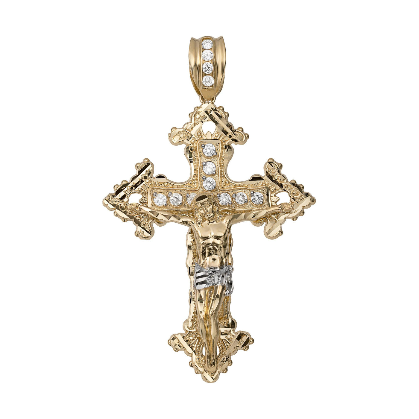 CZ Diamond-Cut Jesus Crucifix Cross Pendant 10K Yellow Gold - bayamjewelry