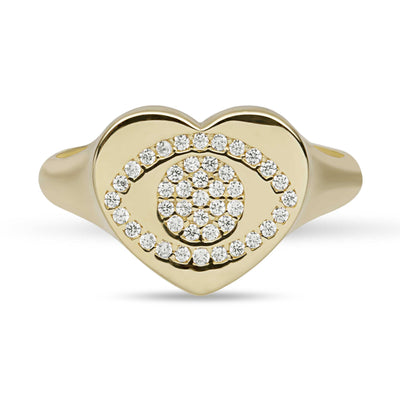 CZ Evil Eye Heart Signet Ring Solid 14K Yellow Gold - bayamjewelry
