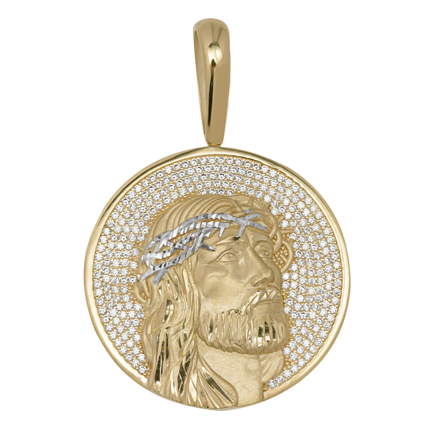 CZ Face Of Jesus Medallion Two-Tone Pendant Solid 10K Yellow Gold - bayamjewelry
