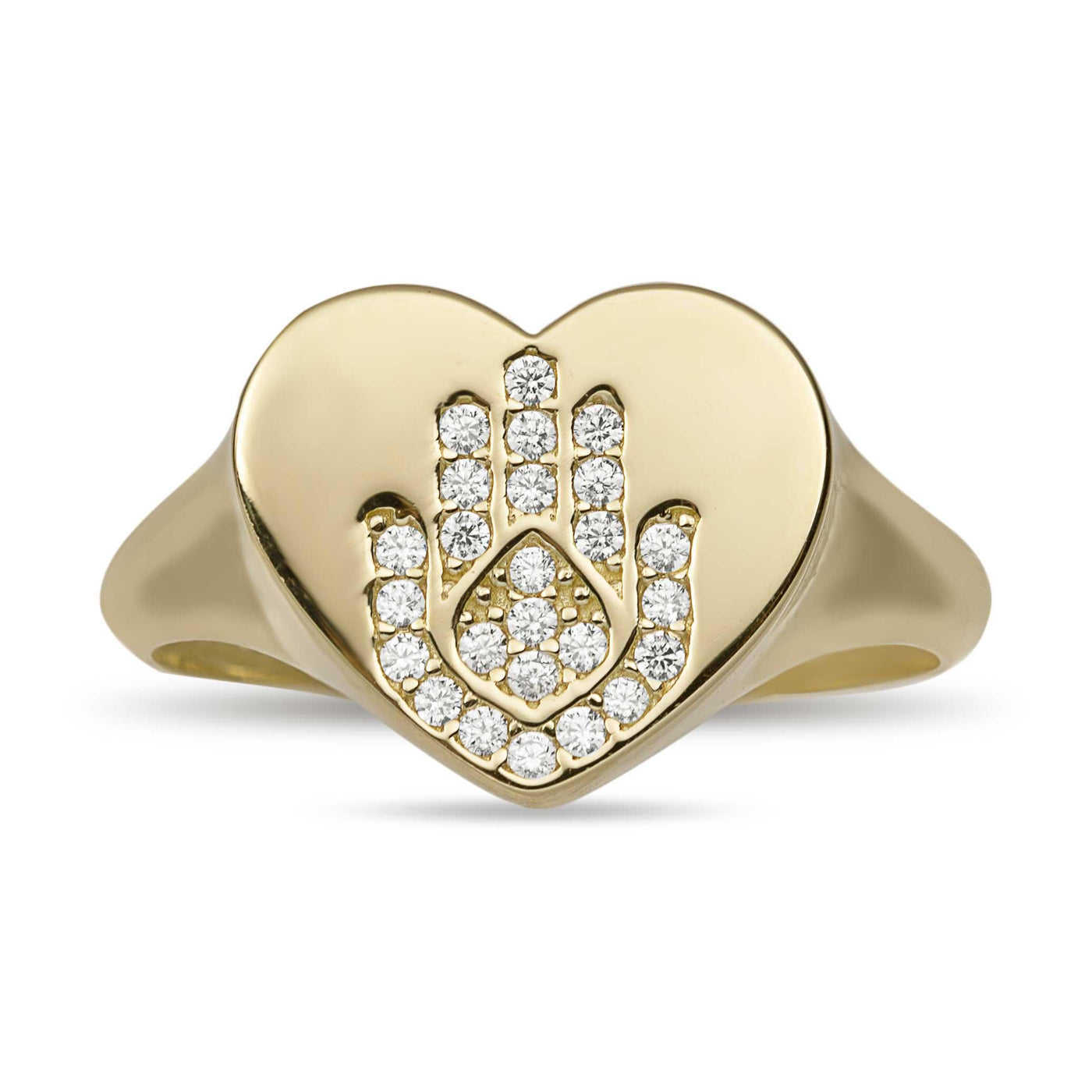 CZ Hamsa Heart Signet Ring Solid 14K Yellow Gold - bayamjewelry