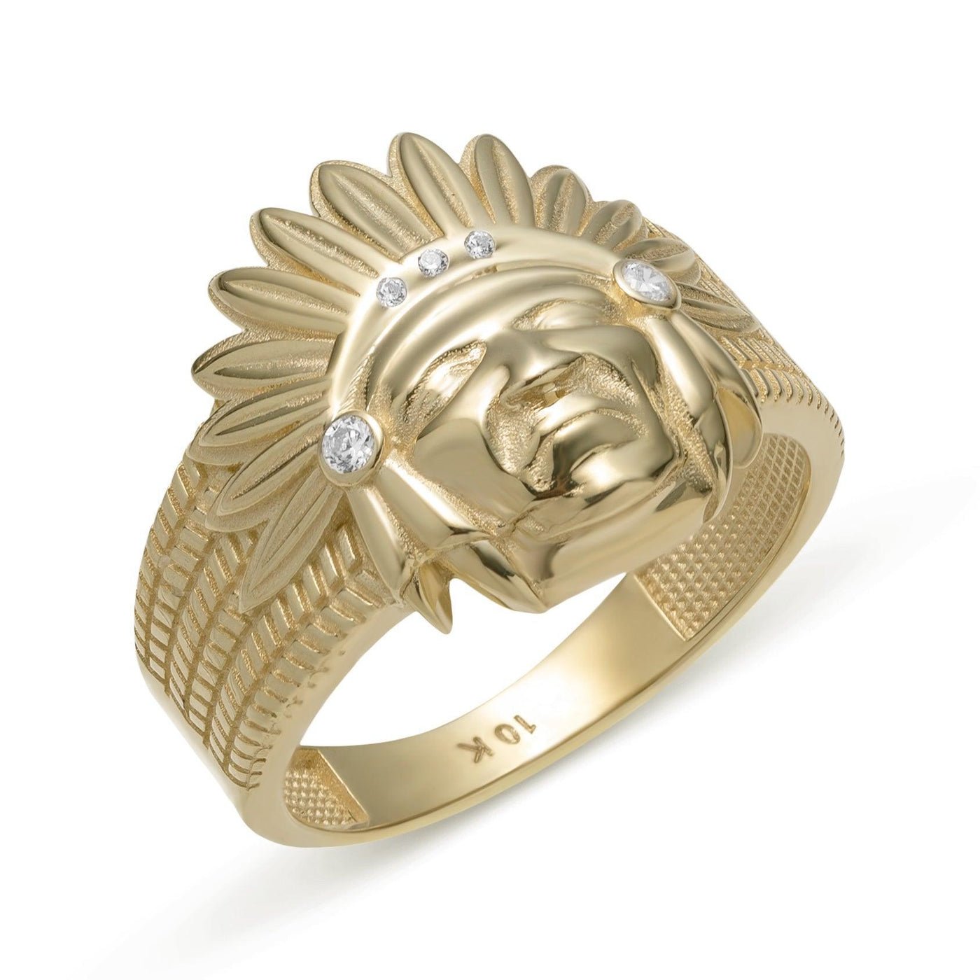 CZ Indian Chief Ring Solid 10K Yellow Gold - bayamjewelry