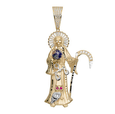 CZ Santa Muerte Angel of Death Pendant Solid 14K Yellow Gold - bayamjewelry
