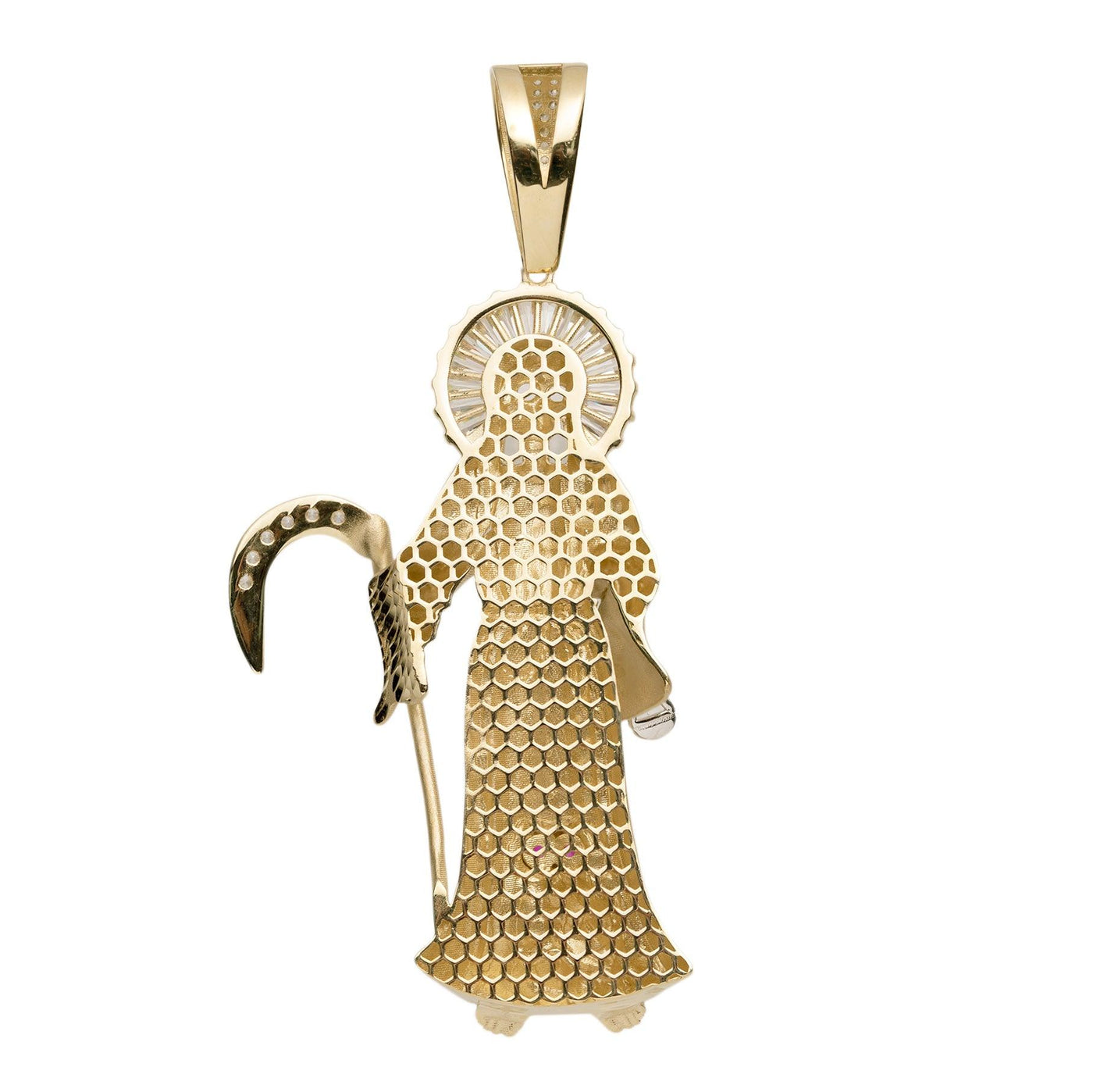 CZ Santa Muerte Angel of Death Pendant Solid 14K Yellow Gold - bayamjewelry