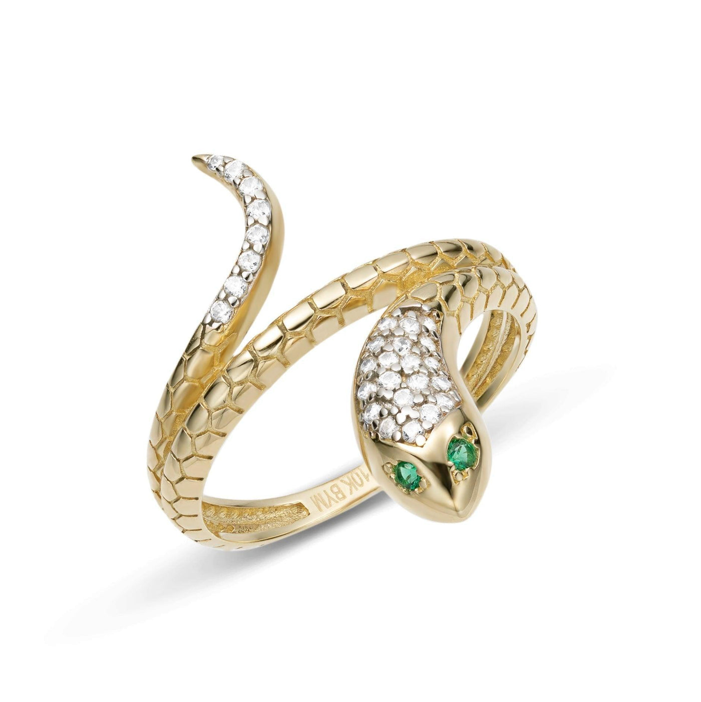 CZ Snake with Emerald Eyes Ring 10K Solid Yellow Gold - bayamjewelry