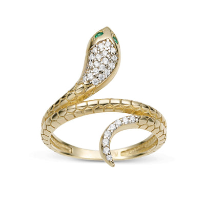 CZ Snake with Emerald Eyes Ring 10K Solid Yellow Gold - bayamjewelry