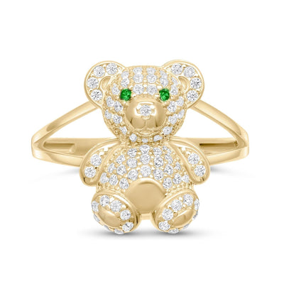 CZ Teddy Bear with Colorful Eyes Ring Solid 10K Yellow Gold - bayamjewelry