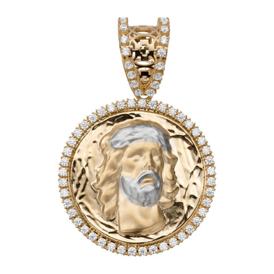 CZ Textured Face of Jesus Medallion Pendant 14K Yellow Gold - bayamjewelry
