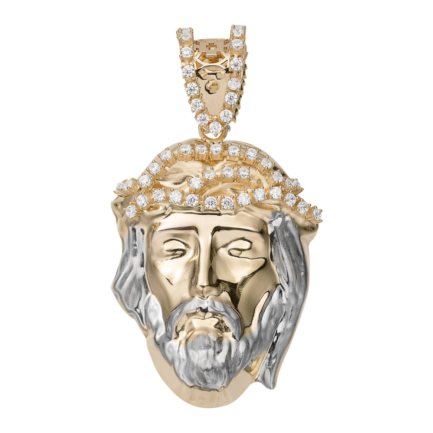 CZ Textured Face of Jesus Pendant 14K Yellow Gold - bayamjewelry
