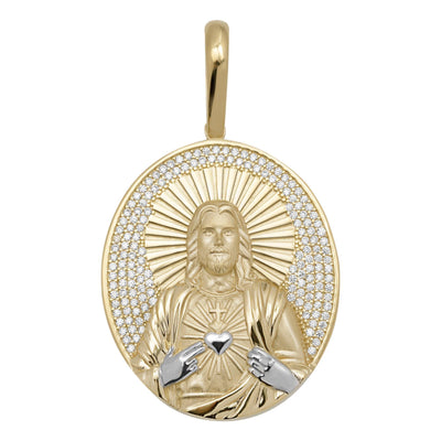 CZ Two-Tone Jesus Halo Medallion Pendant Solid 10K Yellow Gold - bayamjewelry