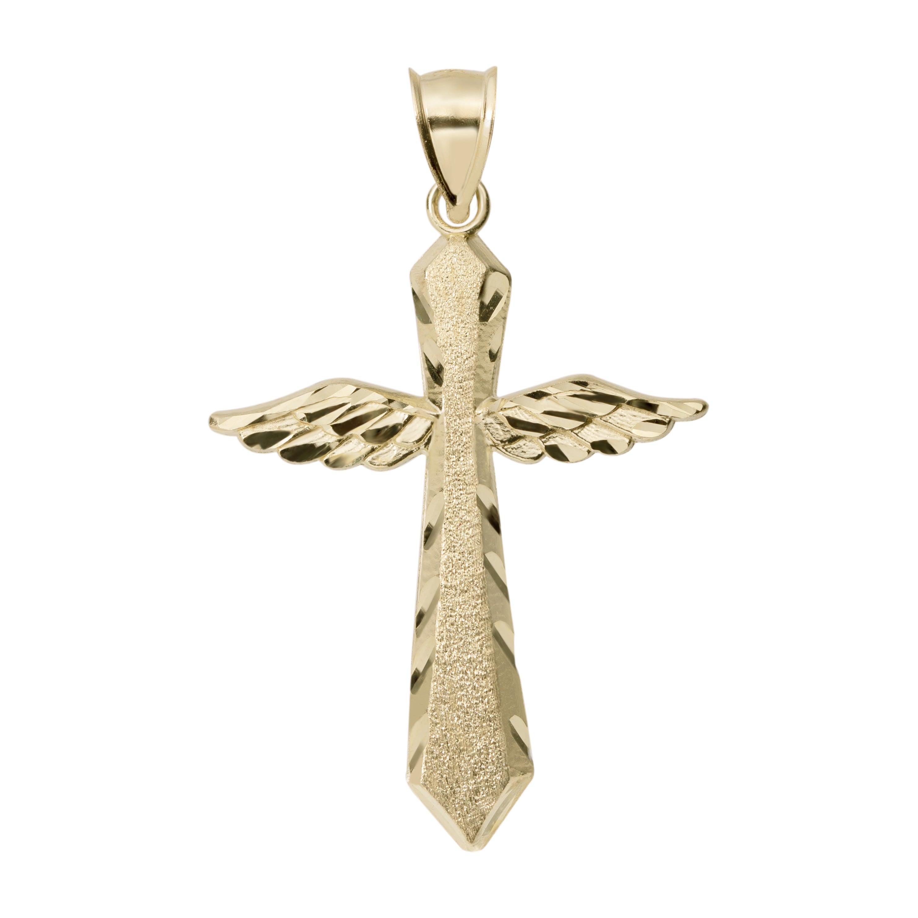 Diamond-Cut Angel Wings Cross Pendant 10K Yellow Gold