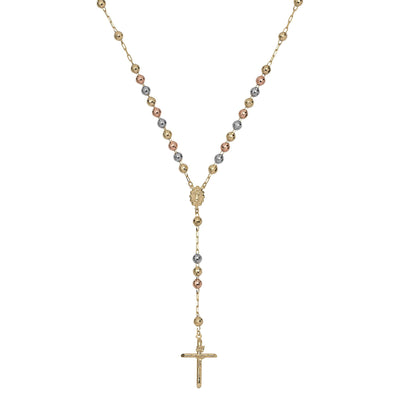 Diamond Cut Cross Rosary Crucifix Chain Necklace 14K Tri-Color Gold - bayamjewelry