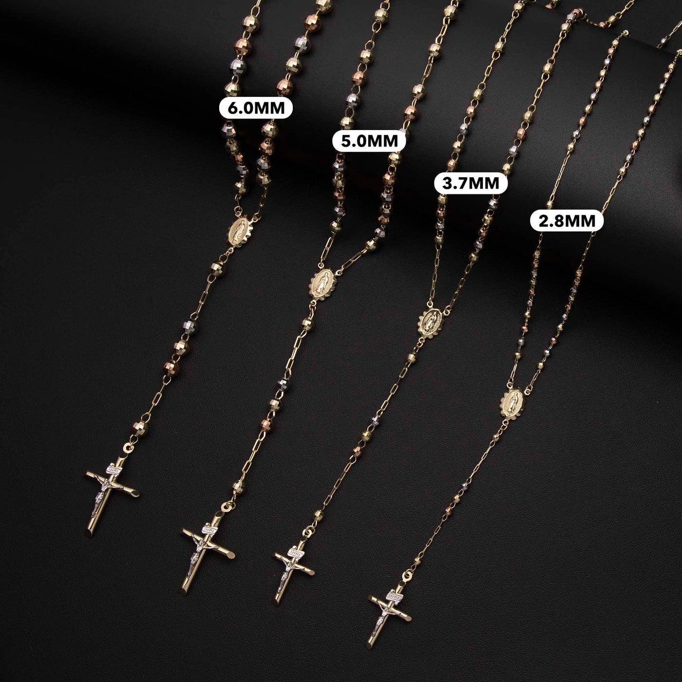 Diamond Cut Cross Rosary Crucifix Chain Necklace 14K Tri-Color Gold - bayamjewelry