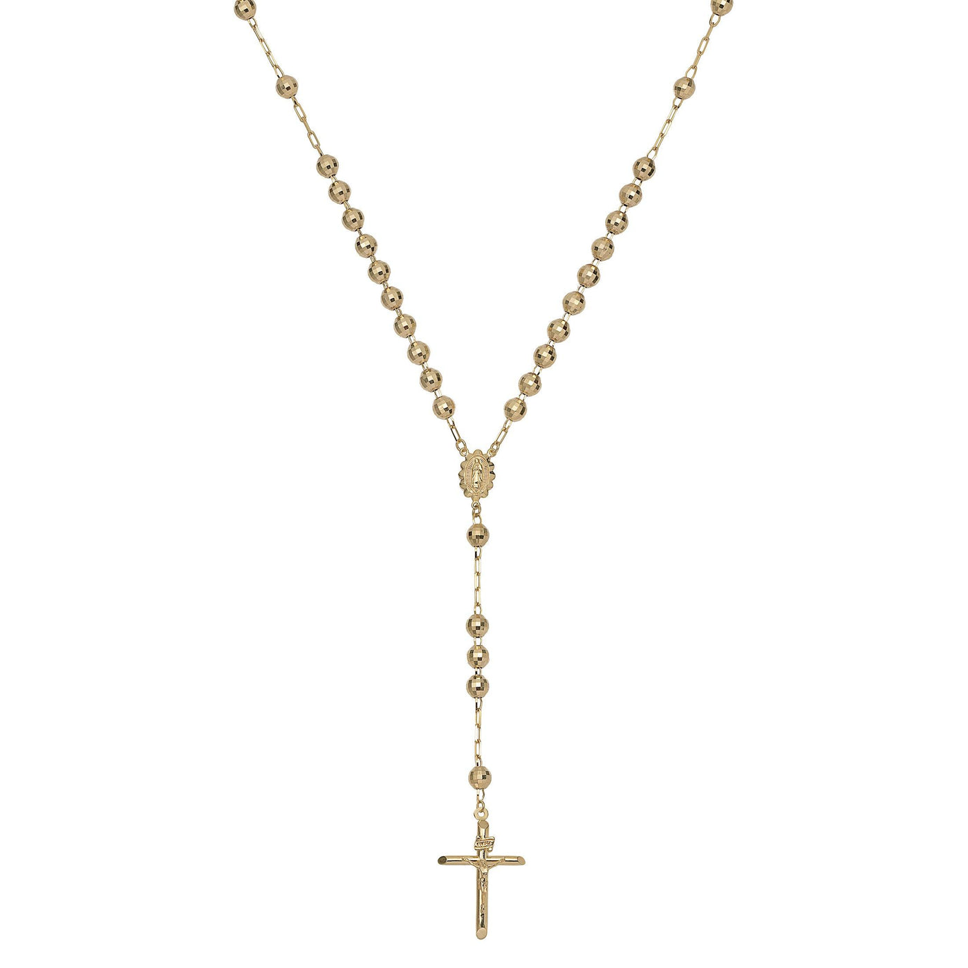 Diamond Cut Cross Rosary Crucifix Chain Necklace 14K Yellow Gold - bayamjewelry
