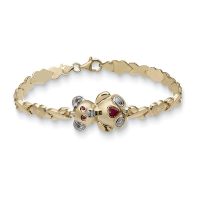 Diamond Cut Heart & Kisses Teddy Bear Bracelet 10K Yellow White Gold - bayamjewelry