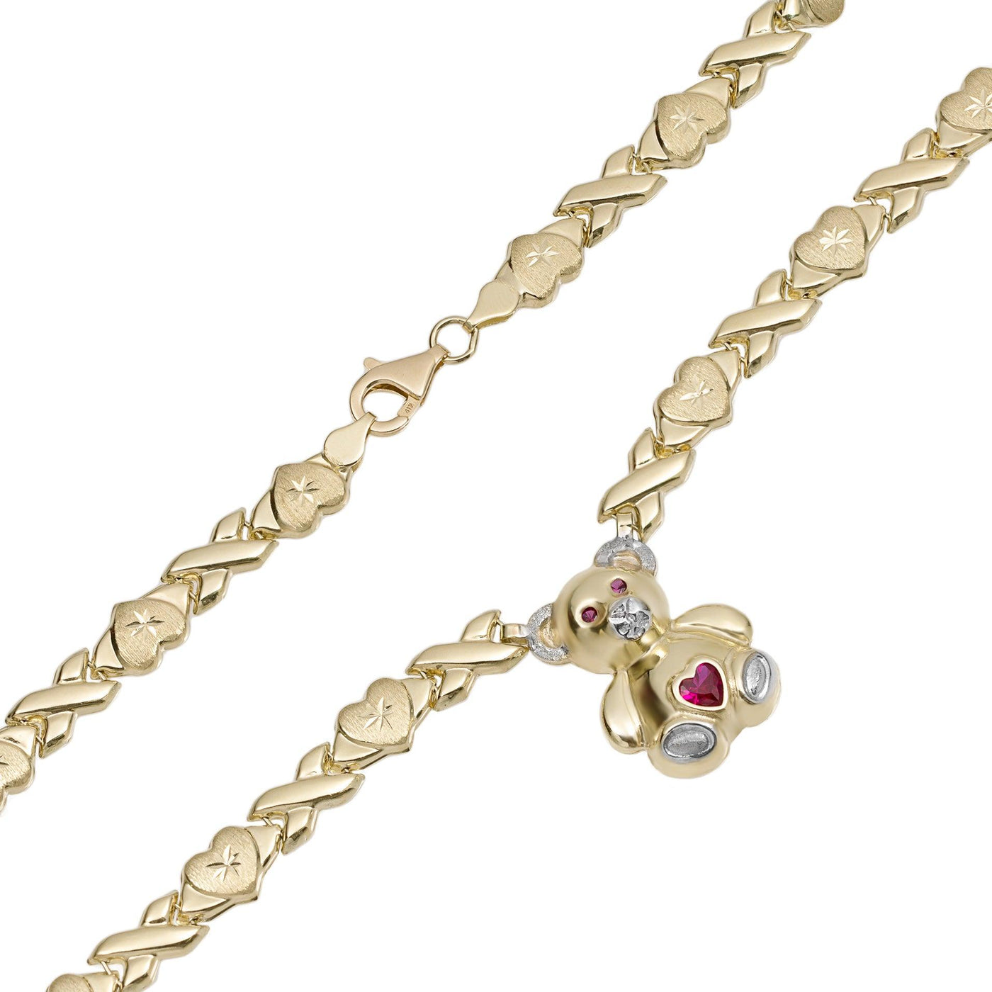 Diamond Cut Heart & Kisses Teddy Bear Necklace 10K Yellow White Gold - bayamjewelry