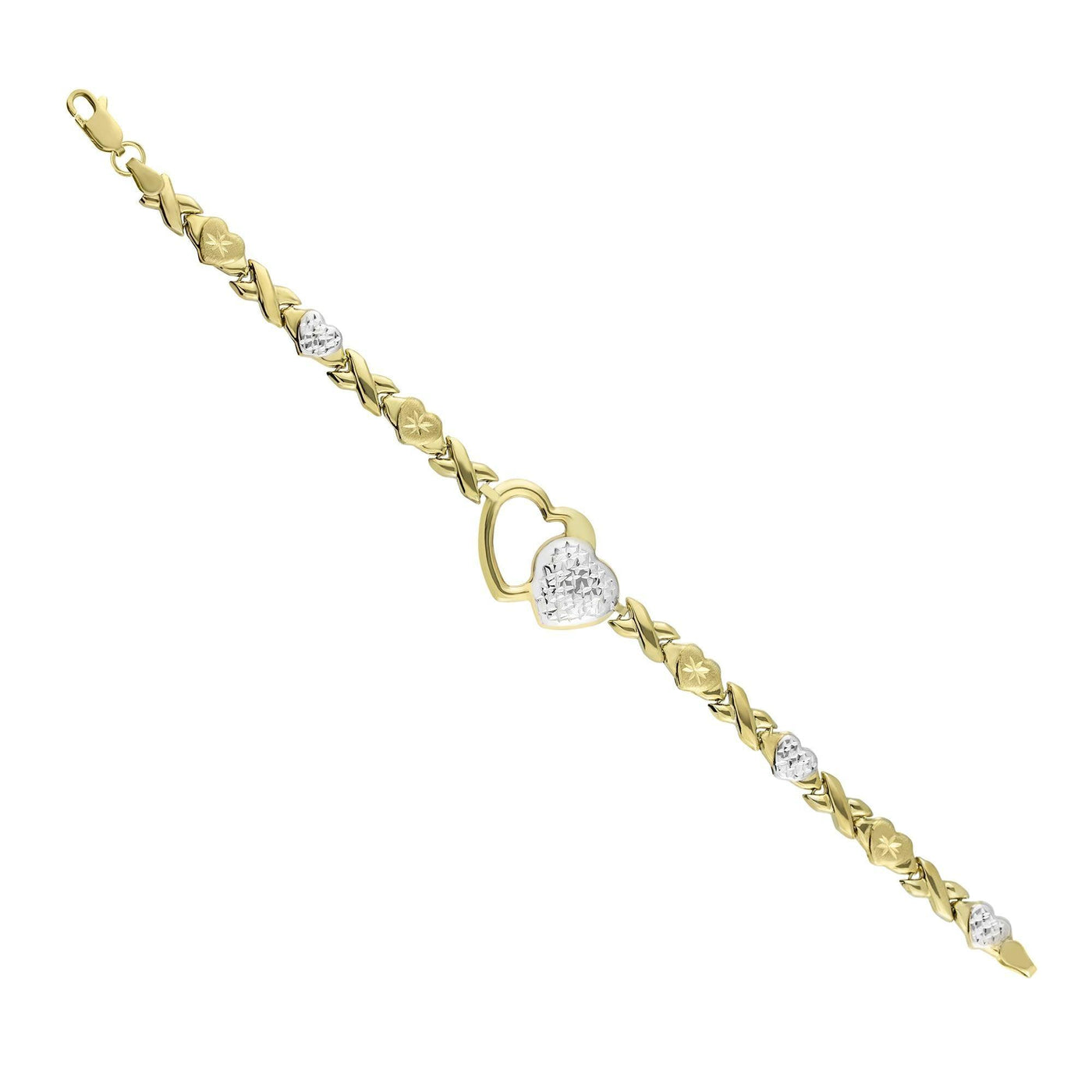 Diamond Cut Hearts & Kisses Bracelet 10K Yellow White Gold - bayamjewelry
