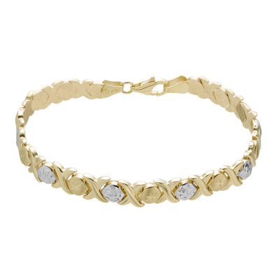 Diamond Cut Hugs & Kisses Stampato Bracelet 10K Yellow White Gold 7.5" - bayamjewelry