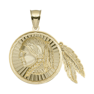 Diamond-Cut Indian Chief Medallion Pendant Solid 10K Yellow Gold - bayamjewelry