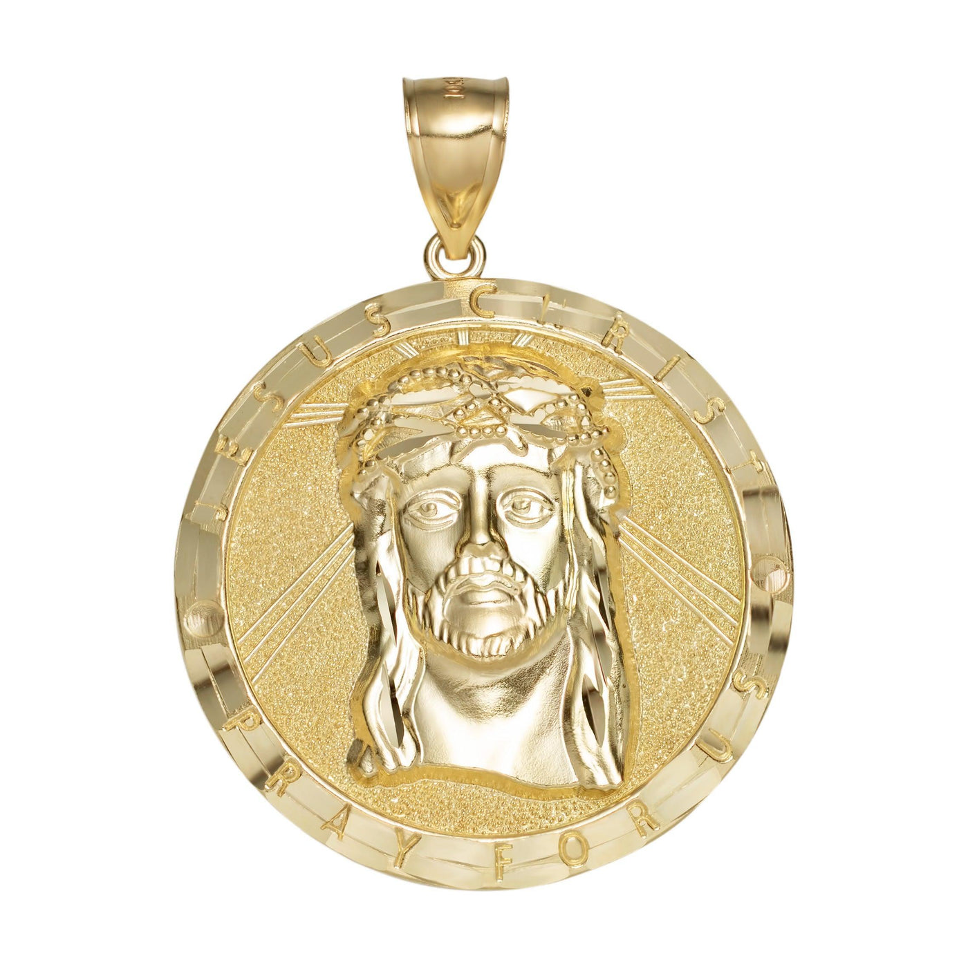 Diamond Cut Jesus Head Pendant Charm Pray for Us Medallion 10K Solid Yellow Gold - bayamjewelry