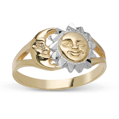 Diamond Cut Moon & Sun Face Ring Solid 10K Yellow Gold - bayamjewelry