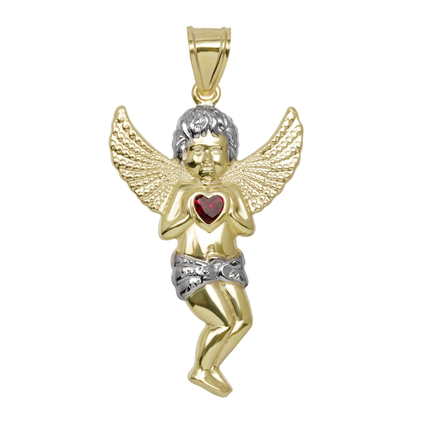 Diamond-Cut Praying Angel with Heart Ruby Stone Pendant 10K Yellow Gold - bayamjewelry