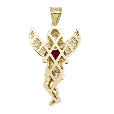 Diamond-Cut Praying Angel with Heart Ruby Stone Pendant 10K Yellow Gold - bayamjewelry