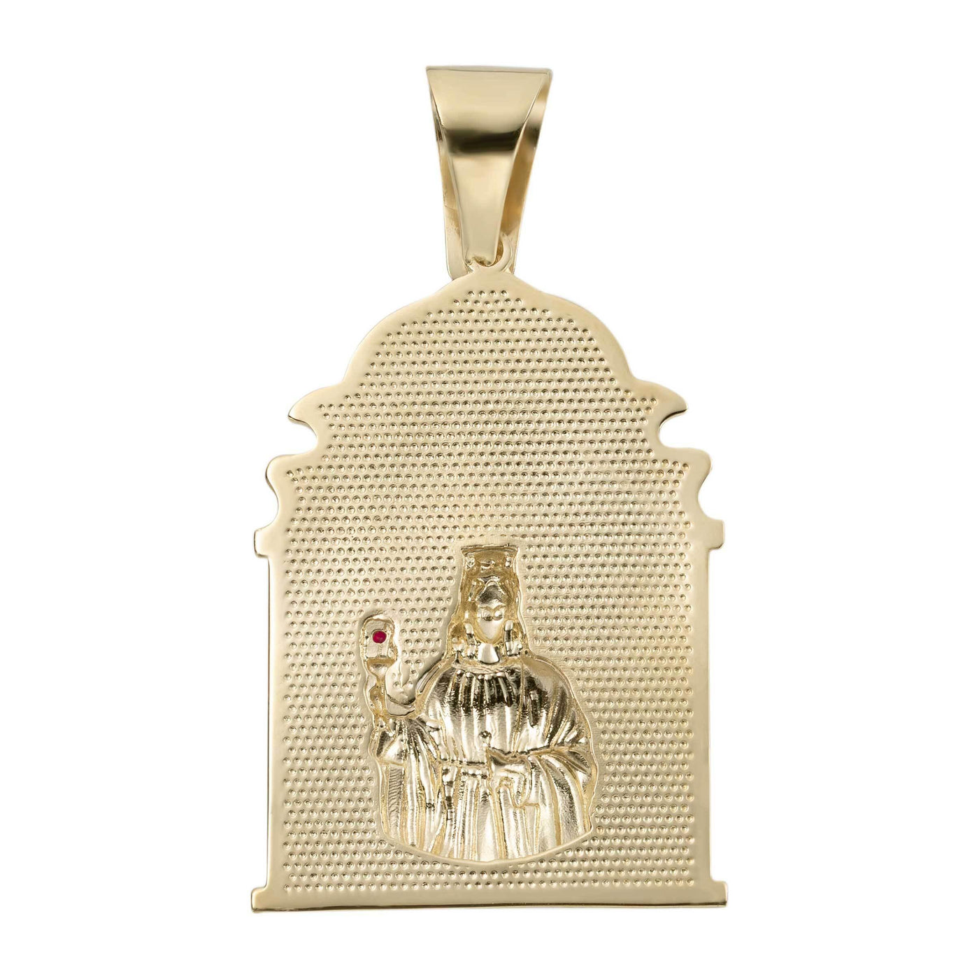 Diamond-Cut Saint Barbara Ruby CZ Pendant 14K Yellow Gold - bayamjewelry
