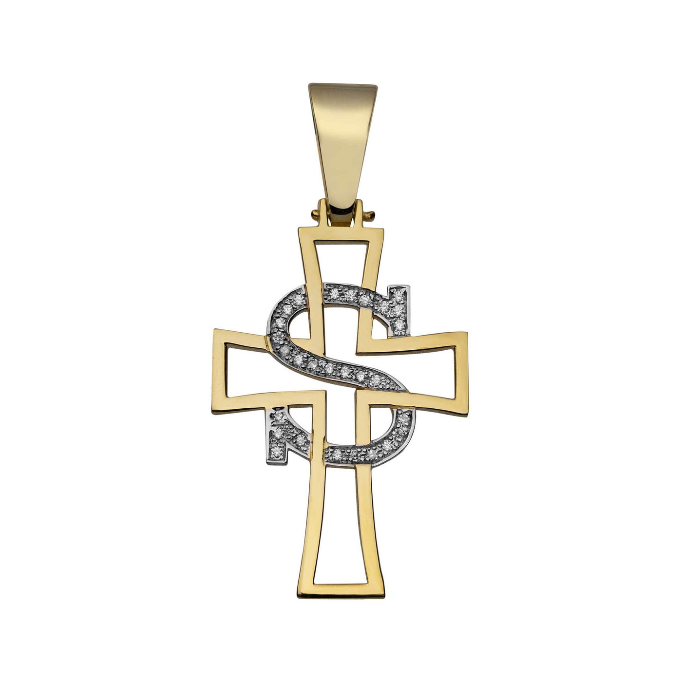 Diamond Initial with Cross Name Plate Necklace 14K Gold - Style 166 - bayamjewelry