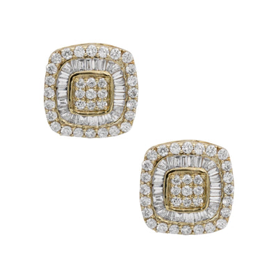 Double Halo Baguette Cluster Diamond Stud Earrings 0.69ct 10K Yellow Gold - bayamjewelry