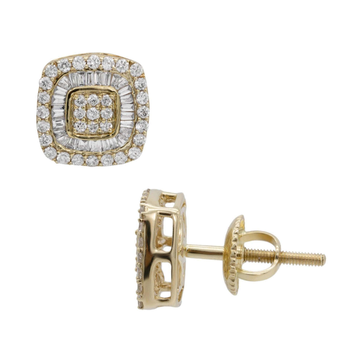 Double Halo Baguette Cluster Diamond Stud Earrings 0.69ct 10K Yellow Gold - bayamjewelry