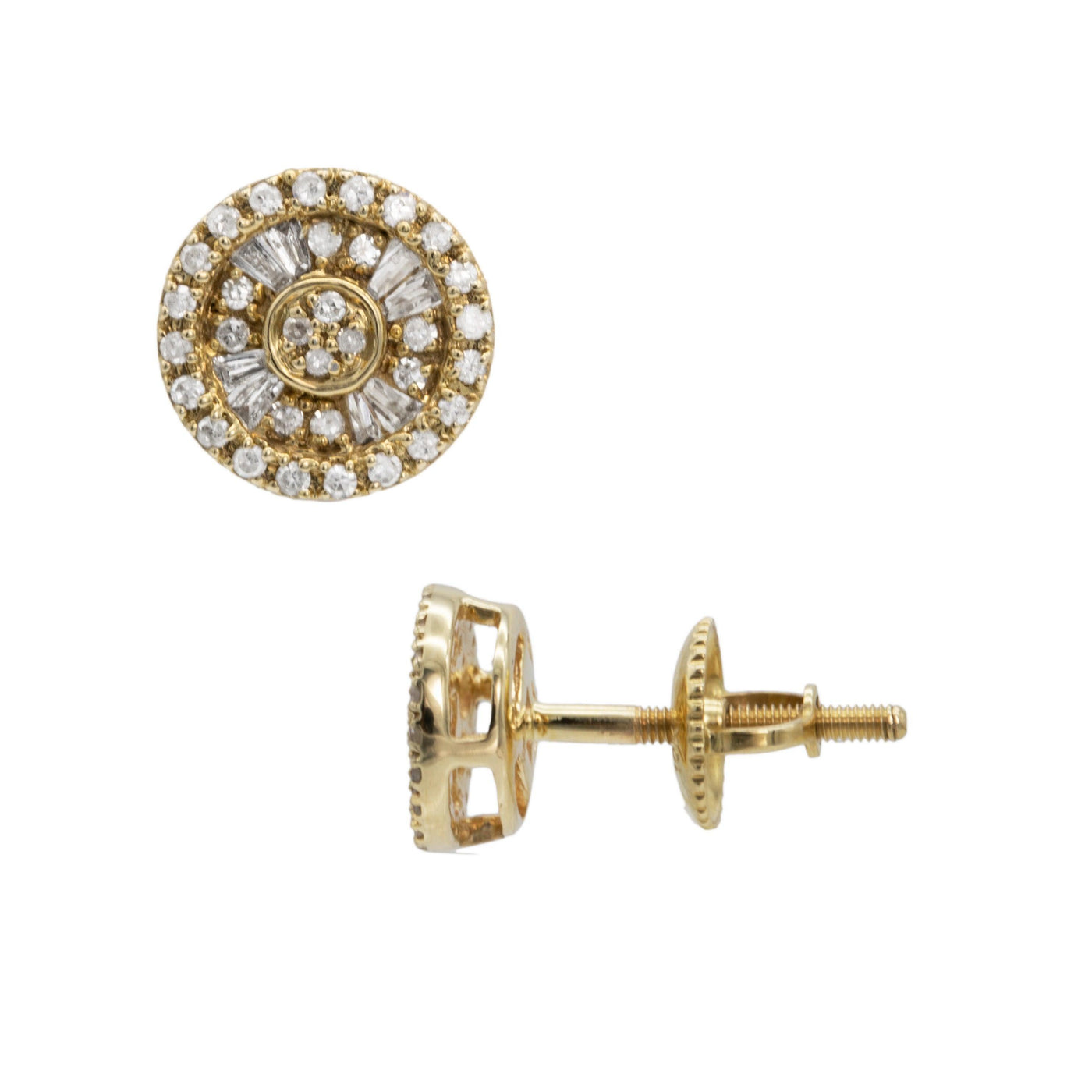 Double Halo Baguette Diamond Stud Earrings 0.29ct 10K Yellow Gold - bayamjewelry
